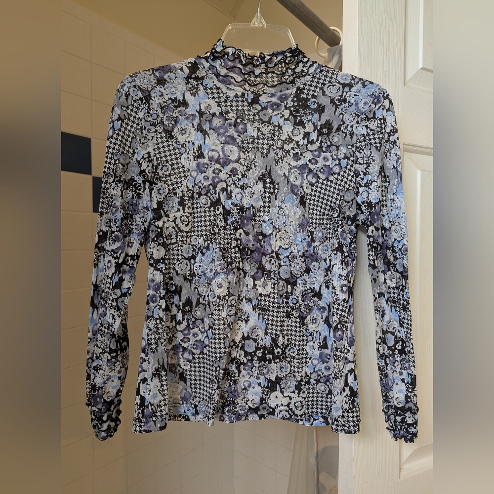 NWOT long sleeve mock neck mesh top with floral houndstooth print One Size